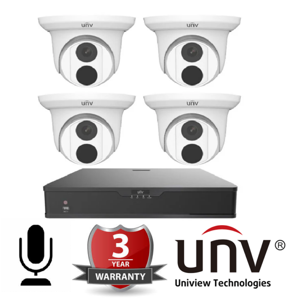 UNV 4CH PoE NVR with 1TB HDD and 4x4MP IR Turret Cameras Kit (Built In Mic) V3 (3 Year Warranty)(Metal Cameras)