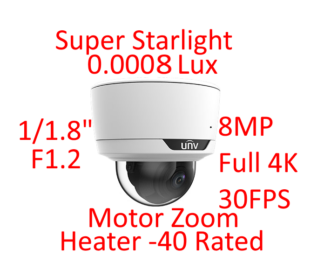 UNV 8MP 30FPS IR 40M 0.0008Lux Ai Intelligent Super StarLight LightHunter IR Dome Camera Motor Zoom Lens -40 Rated With Heater (NDAA) IPC3738SE-ADZK-I0