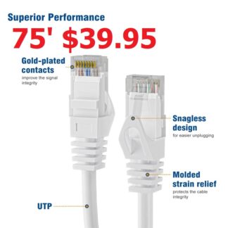 75FT Speedex CAT6 550MHZ FT4 cUL Molded Patch Cable, Male to Male (POE Rated)