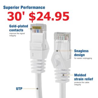 30FT Speedex CAT6 550MHZ FT4 cUL Molded Patch Cable, Male to Male (POE Rated)