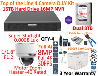 Top of The Line UNV 4 Camera Kit 16TB 16MP NVR QTY-4 Heated Vandal Resistant Dome IP67 Ik10 (NDAA) Full 4K 8MP 30FPS
