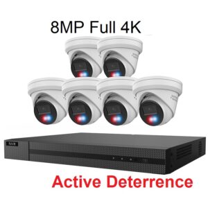 HiLook by Hikvision IK-6288TH-MH/PL 8 Channel 4K NVR with 2TB HDD and 6pcs Active Deterrence 8MP Red and blue strobe light with Siren Turret Camera Kit