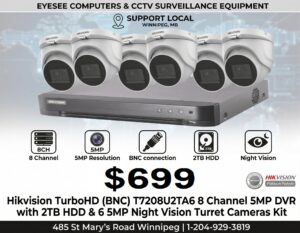 Hikvision  TurboHD (BNC) T7208U2TA6 8 Channel 5MP DVR with 2TB HDD & 6 5MP Night Vision Turret Cameras Kit