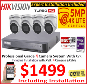 Hikvision TurboHD (BNC) QTY-4 5MP Turret Cameras & XVR Installed.($1499 (For 4 Cameras, XVR Installation Included)