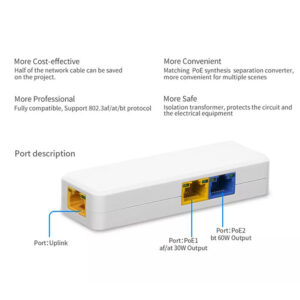 Indoor 1 to 2 port PoE Extender and Splitter Distance up to 130m and 60W High Power 1 PoE in and 2 PoE Out