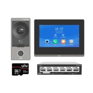 UNV KIT (Access Control System) & Intercom Kit Includes an 2MP Intercom, an Indoor 7 inch Touchscreen, 4 Port PoE switch and Heavy Duty 32GB MicroSD Card