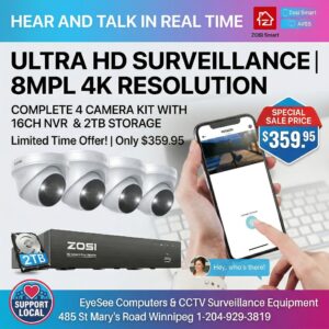 Zosi C225 8MPL Security Camera System + 4K 8CH PoE NVR + 2TB Hard Drive