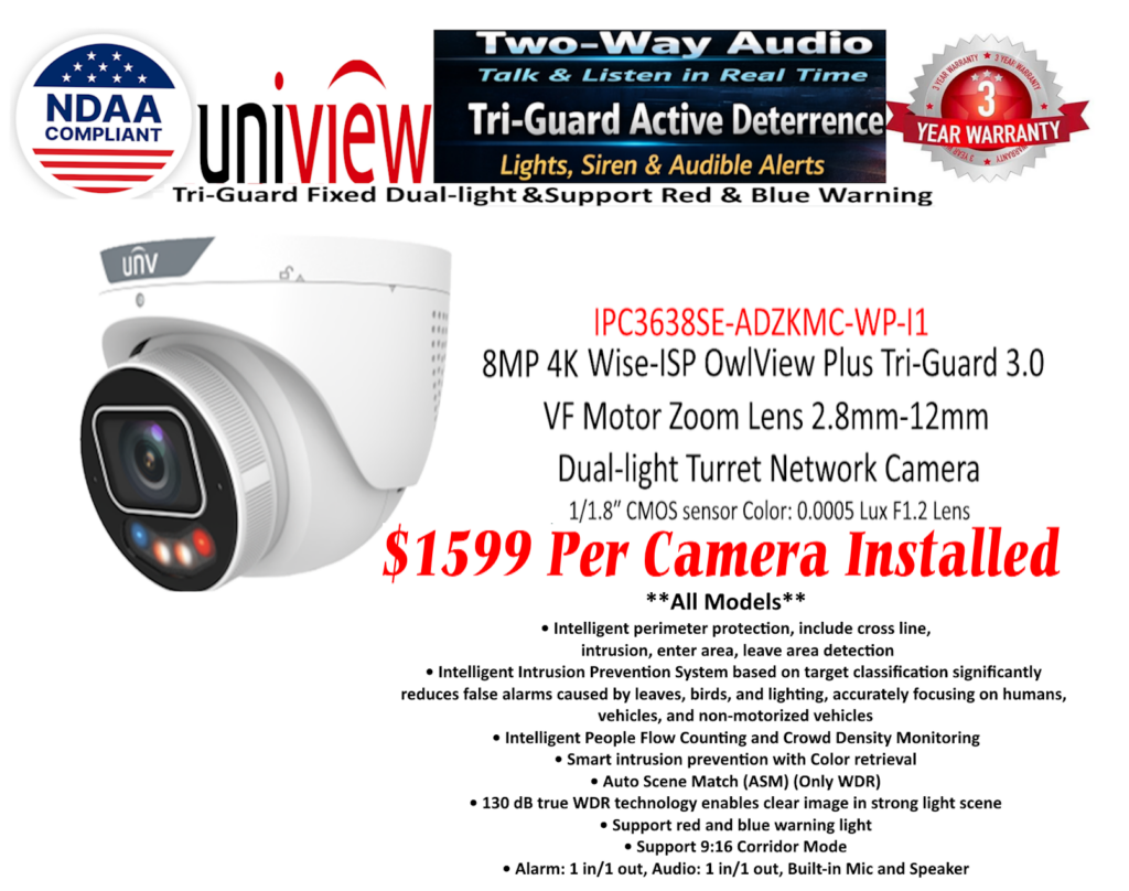 **IP Camera** UNV Ai Tri-Guard 3.0 Wise-ISP OwlView Plus With Zoom Lens ($1599 including installation)