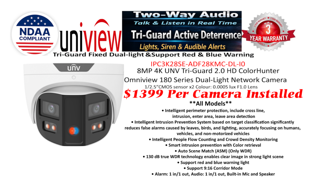 **IP Camera** Tri-Guard UNV Ai 8MP4K 180 ColorHunter LED 0.0005Lux F1.0 ($1399 including installation)